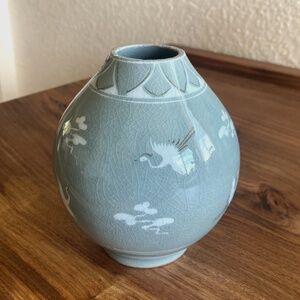 KOREAN CELADON Flying Cranes & Clouds Hand Painted Signed Porcelain Vase *repair
